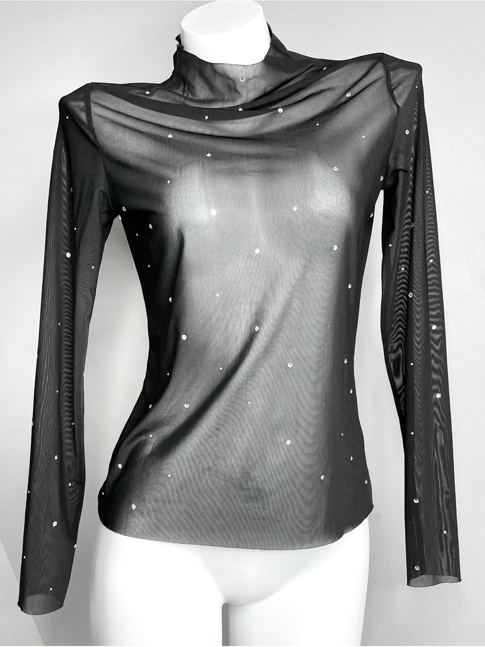Black Sheer Long Sleeve Rhinestone Top